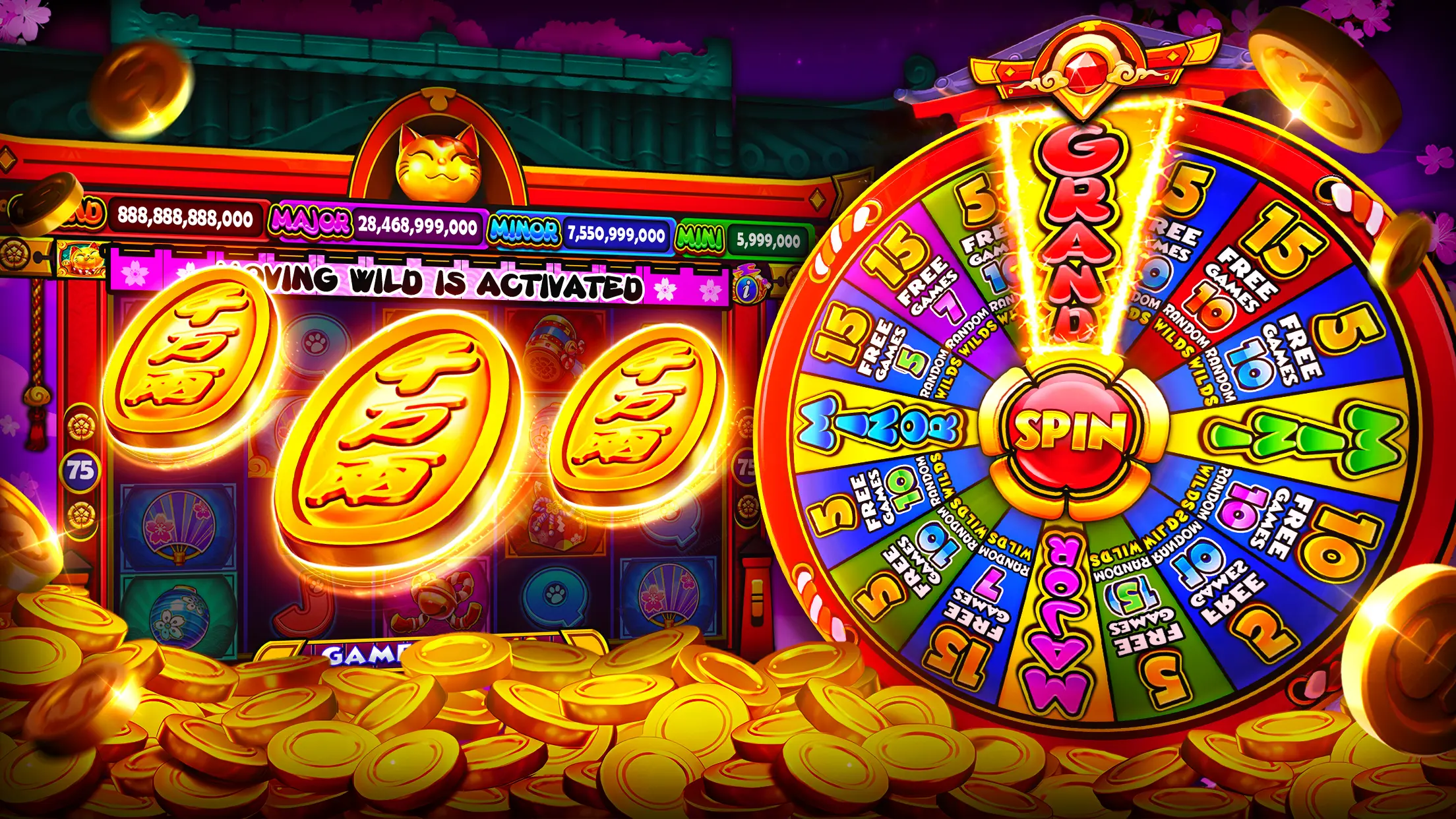Slot-style artwork with gold coin symbols and a colourful bonus wheel