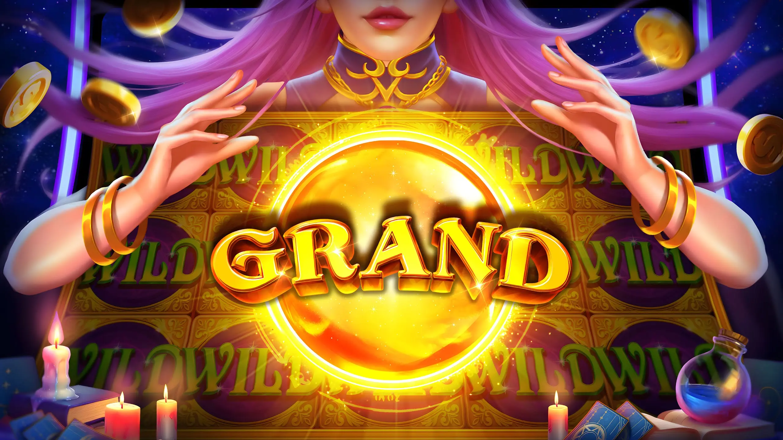 Fantasy-themed slot artwork with a glowing orb and a fortune-teller character